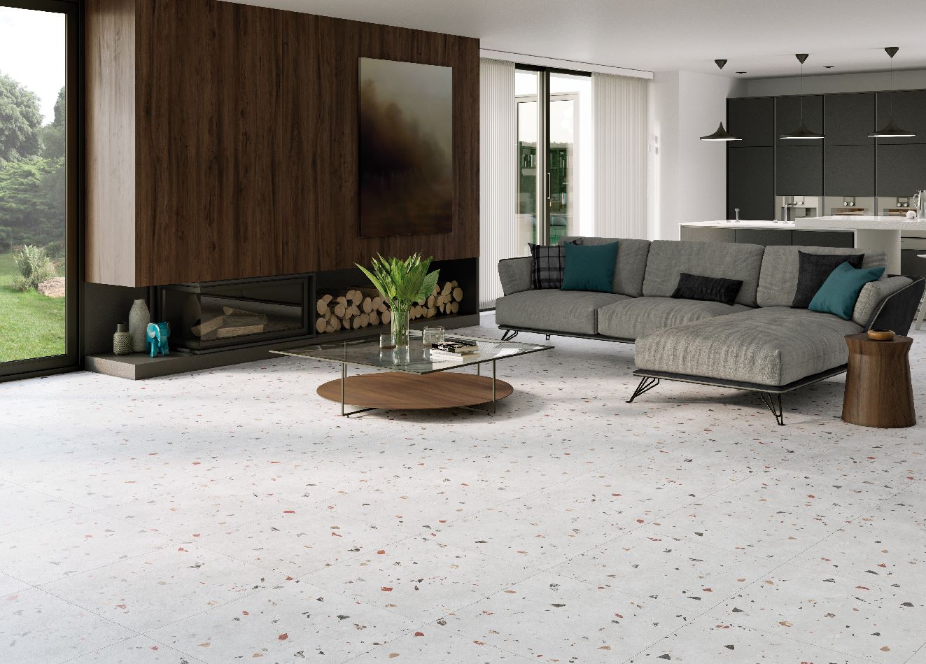 Gresie portelanata Sonar White 66x66 cm, finisaj satinat-mat, tip terrazzo
