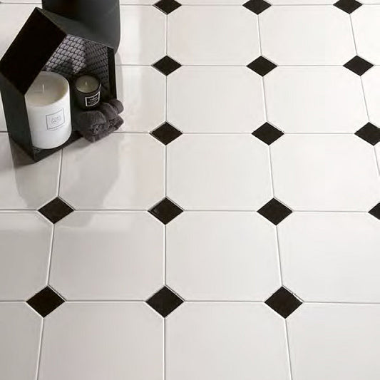Gresie octogonala alb Bianco Ottagono 20x20cm + Taco Nero 5x5cm, portelanata, productie Italia