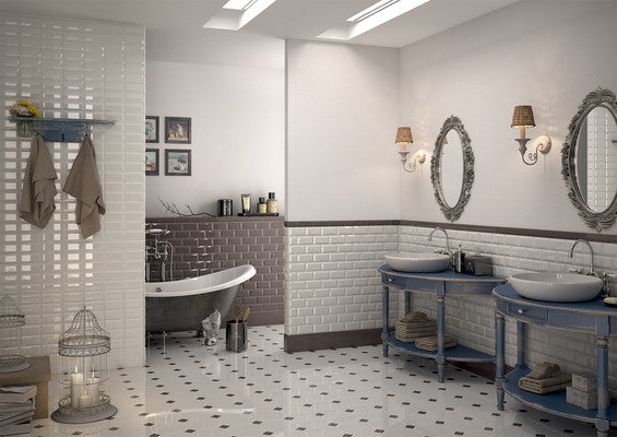 Gresie octogonala alb Bianco Ottagono 20x20cm + Taco Nero 5x5cm, portelanata, productie Italia