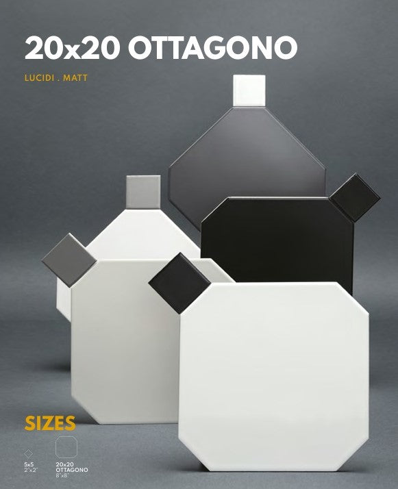 Gresie octogonala Bianco Ottagono 20x20cm + Taco Rubino 5x5cm, portelanata, productie Italia