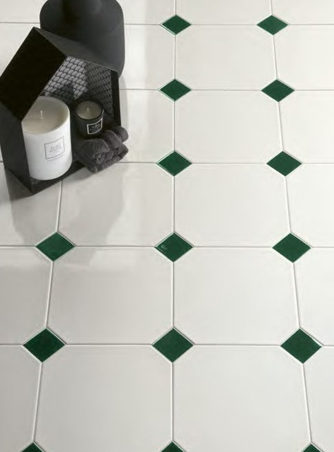 Gresie octogonala alba Bianco Ottagono 20x20cm + Taco Verde Mat 5x5cm, portelanata