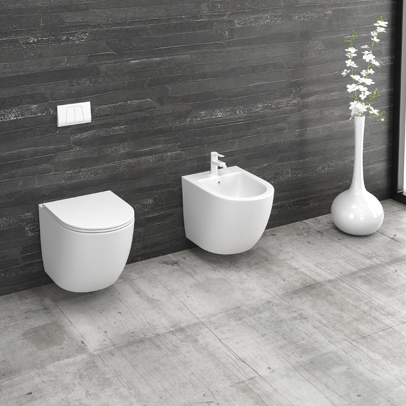 Set Milos vas wc suspendat rimless, cu capac slim soft close alb mat + Bideu suspendat, culoare alb mat