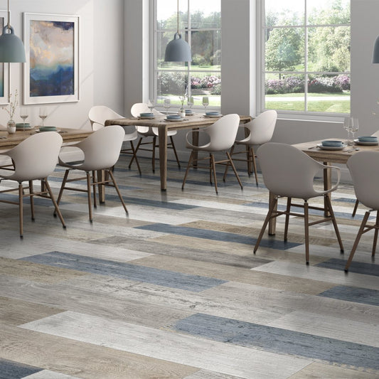 Gresie portelanata tip lemn antichizat Vintage Blue Mix 23x120 cm, productie Spania