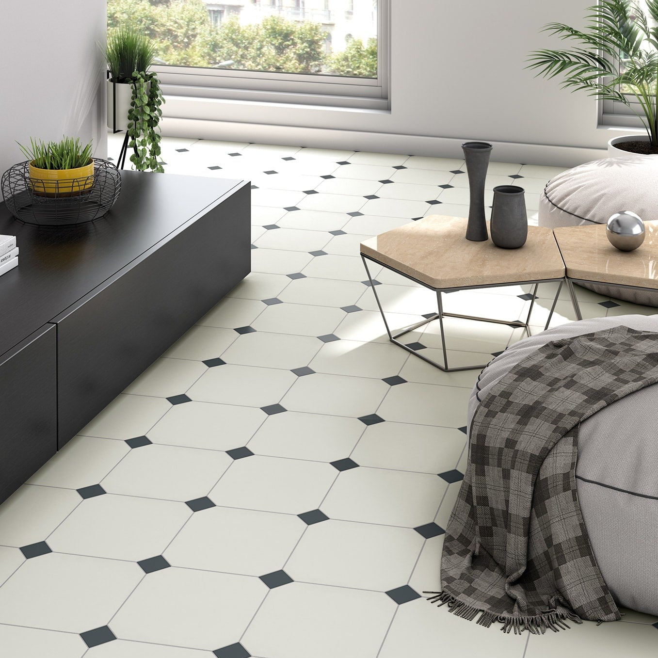 Gresie portelanata Octogon Cabaret Nacar 20x20 cm + taco Dome Antracita 4x4 cm