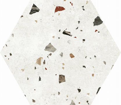 Gresie portelanata Sonar White Hex 56 cm, finisaj satinat-mat, tip terrazzo