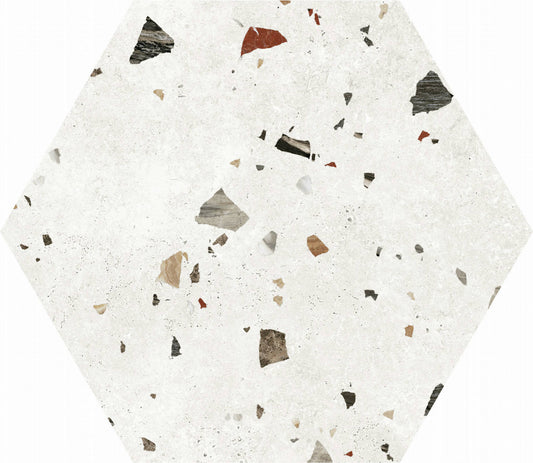 Gresie portelanata Sonar White Hex 56 cm, finisaj satinat-mat, tip terrazzo