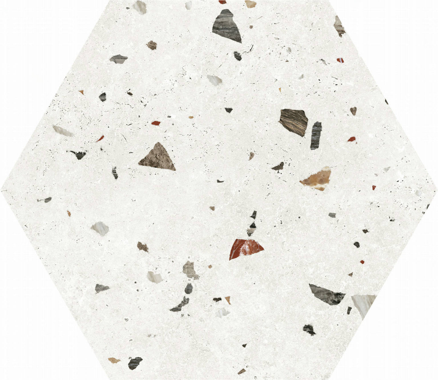 Gresie portelanata Sonar White Hex 56 cm, finisaj satinat-mat, tip terrazzo