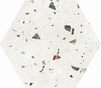 Gresie portelanata Sonar White Hex 56 cm, finisaj satinat-mat, tip terrazzo
