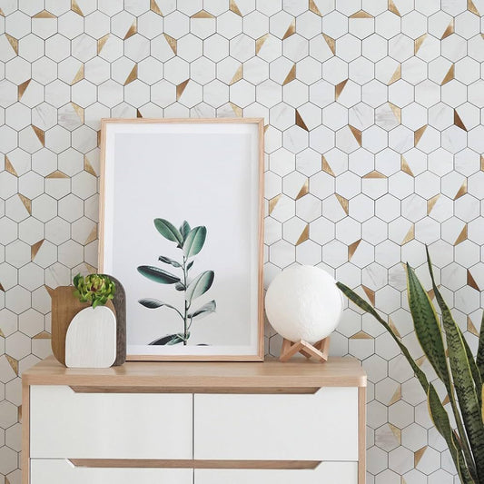 Mozaic hexagon Pure White&Gold, alb si auriu 34x34.5 cm