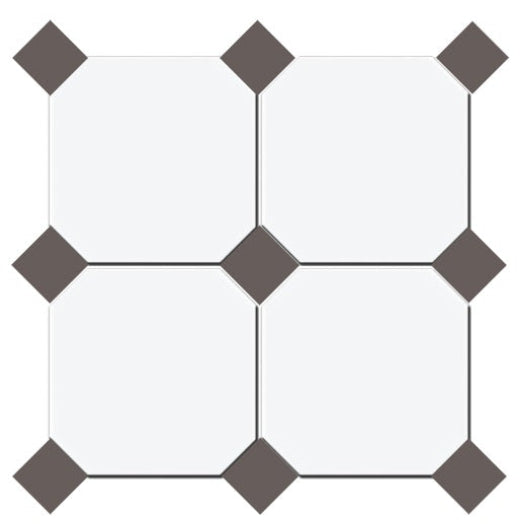 Gresie octogonala Bianco Ottagono 20x20cm + Taco Antracite 5x5cm, portelanata, productie Italia