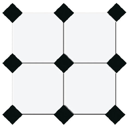 Gresie octogonala alb Bianco Ottagono 20x20cm + Taco Nero 5x5cm, portelanata, productie Italia