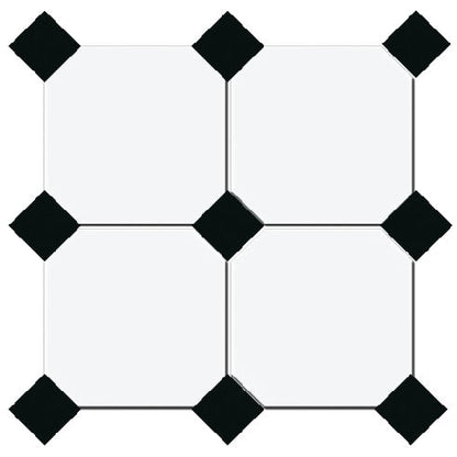 Gresie octogonala alb Bianco Ottagono 20x20cm + Taco Nero 5x5cm, portelanata, productie Italia