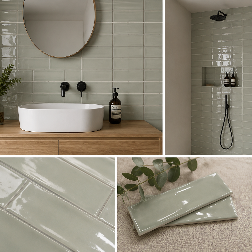 Faianta Viena Mist 7.5x30 cm, verde salvie, lucioasa, Spania