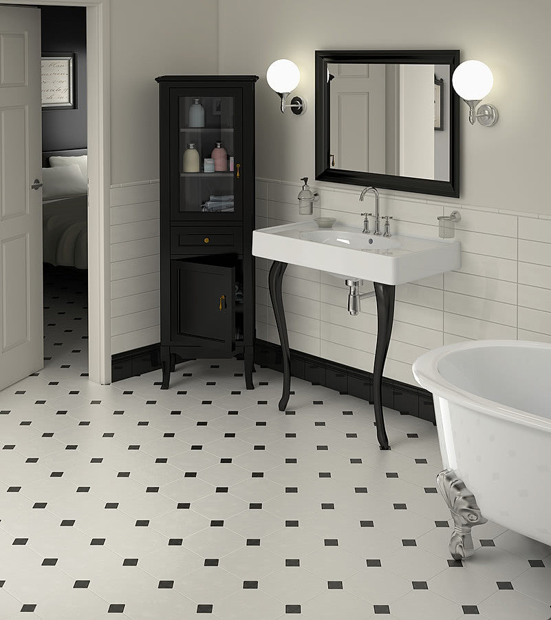 Gresie octogonala Bianco Ottagono 20x20cm + Taco Nero 5x5cm, portelanata, productie Italia