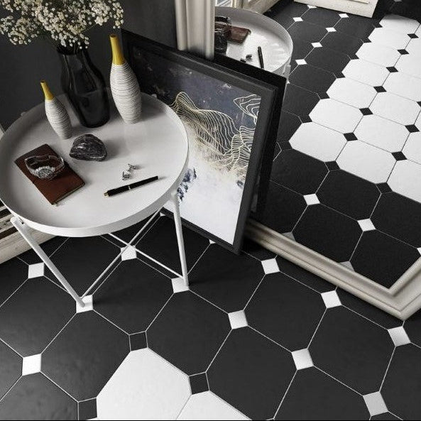 Gresie format octogon negru Vives Alaska Negro 31.6x31.6 cm + Taco Alaska 6.7x6.7 cm