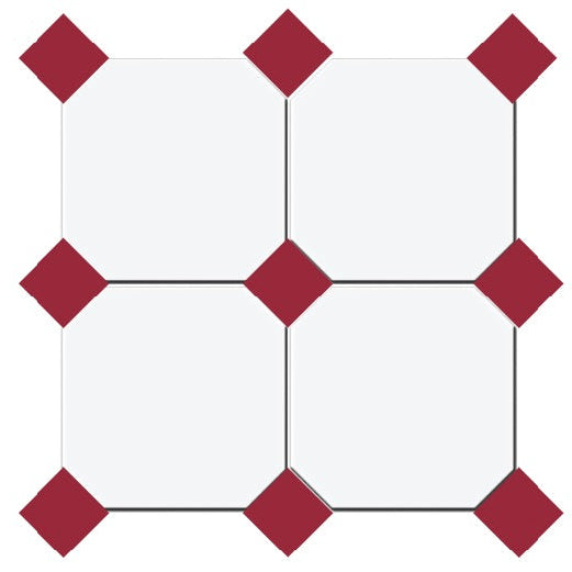 Gresie octogonala Bianco Ottagono 20x20cm + Taco Rubino 5x5cm, portelanata, productie Italia