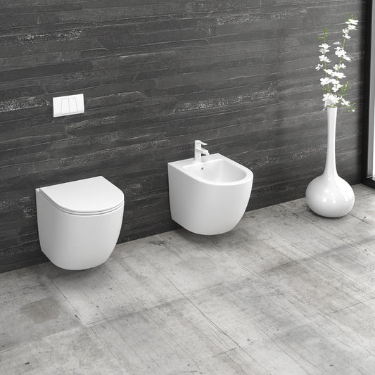 Set Milos vas wc suspendat rimless, cu capac slim soft close alb mat + Bideu suspendat, culoare alb mat