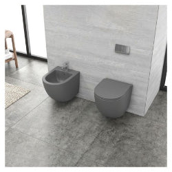 Set Milos vas wc suspendat rimless, cu capac slim soft close gri mat + Bideu suspendat, culoare gri mat