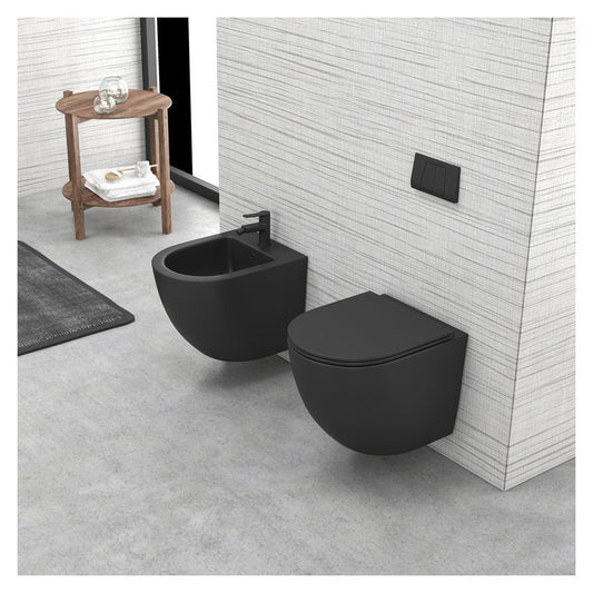 Set Milos vas wc suspendat rimless, cu capac slim soft close negru mat + Bideu suspendat, culoare negru mat