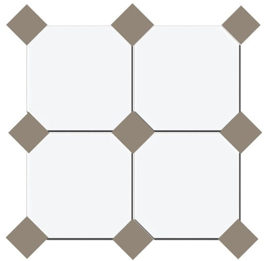 Gresie octogonala Bianco Ottagono 20x20cm + Taco Tortora 5x5cm, portelanata, productie Italia