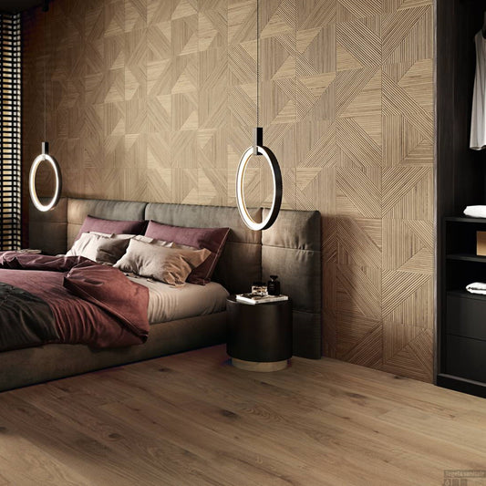 Faianta tip riflaj Tangram Walnut 31.6x100 cm, finisaj relief cu aspect de lemn mat